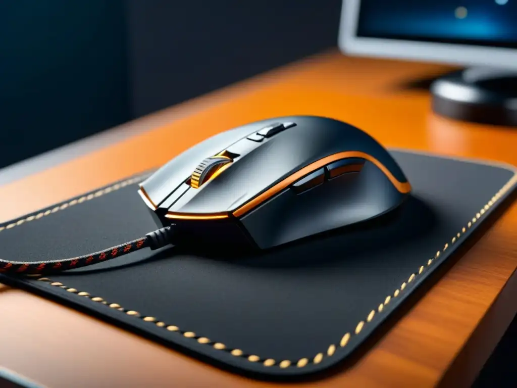 Mouse pad gaming premium: lujo y durabilidad Una lujosa alfombrilla de juego premium con detalles de costura, contrastando calidad y diseño