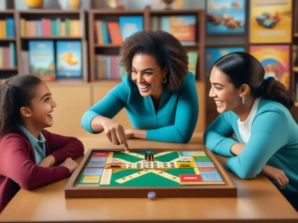 Maestra observa con orgullo a estudiantes diversos jugando juegos de mesa para memorizar vocabulario en aula educativa