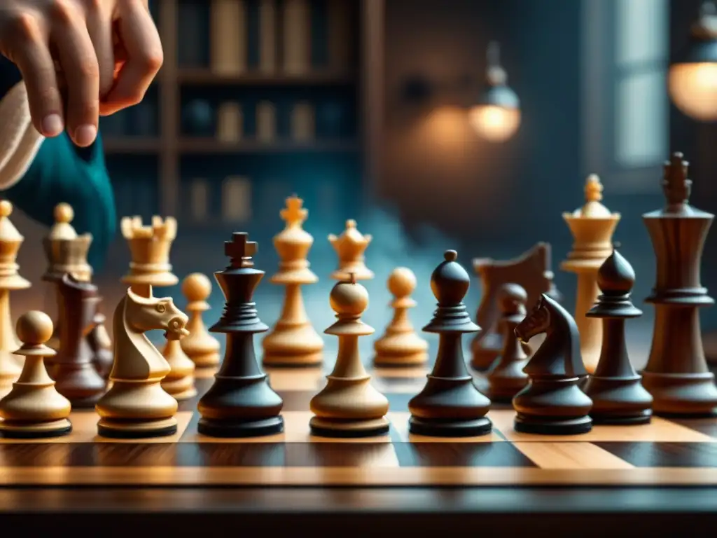 Un maestro de ajedrez concentradamente planificando movimientos en un tablero de madera, rodeado de libros y estrategias de ajedrez para principiantes