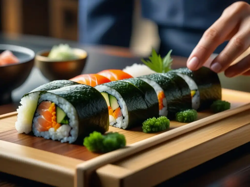 Un maestro chef de sushi japonés prepara con destreza un festín de rollos de sushi coloridos y elaborados