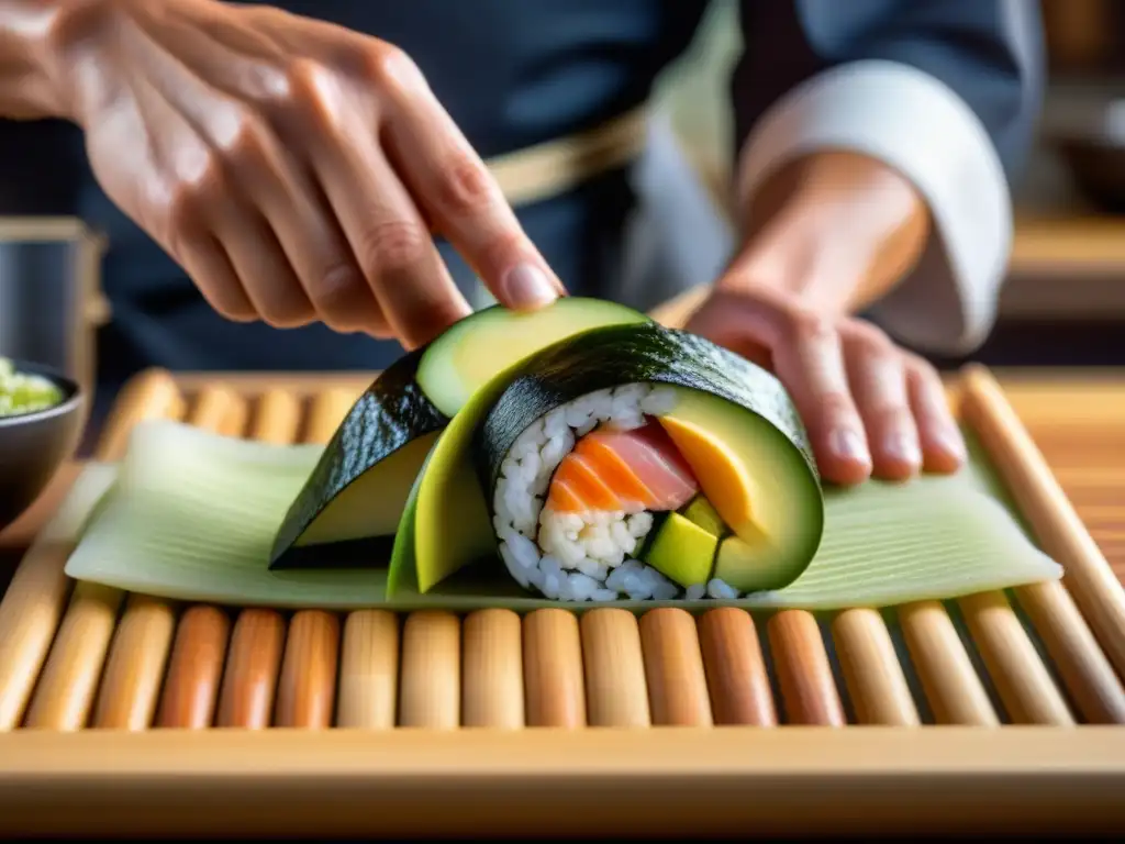 Un maestro sushiman crea un rollo de sushi con precisión y destreza, resaltando las estrategias Sushi Go maestro juegos