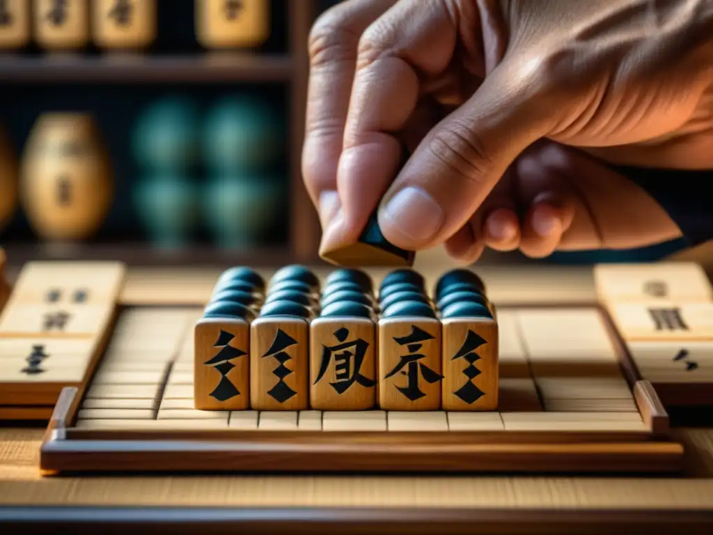 Un maestro de Shogi mueve con destreza una pieza en un tablero tradicional, mostrando estrategias avanzadas para jugar Shogi