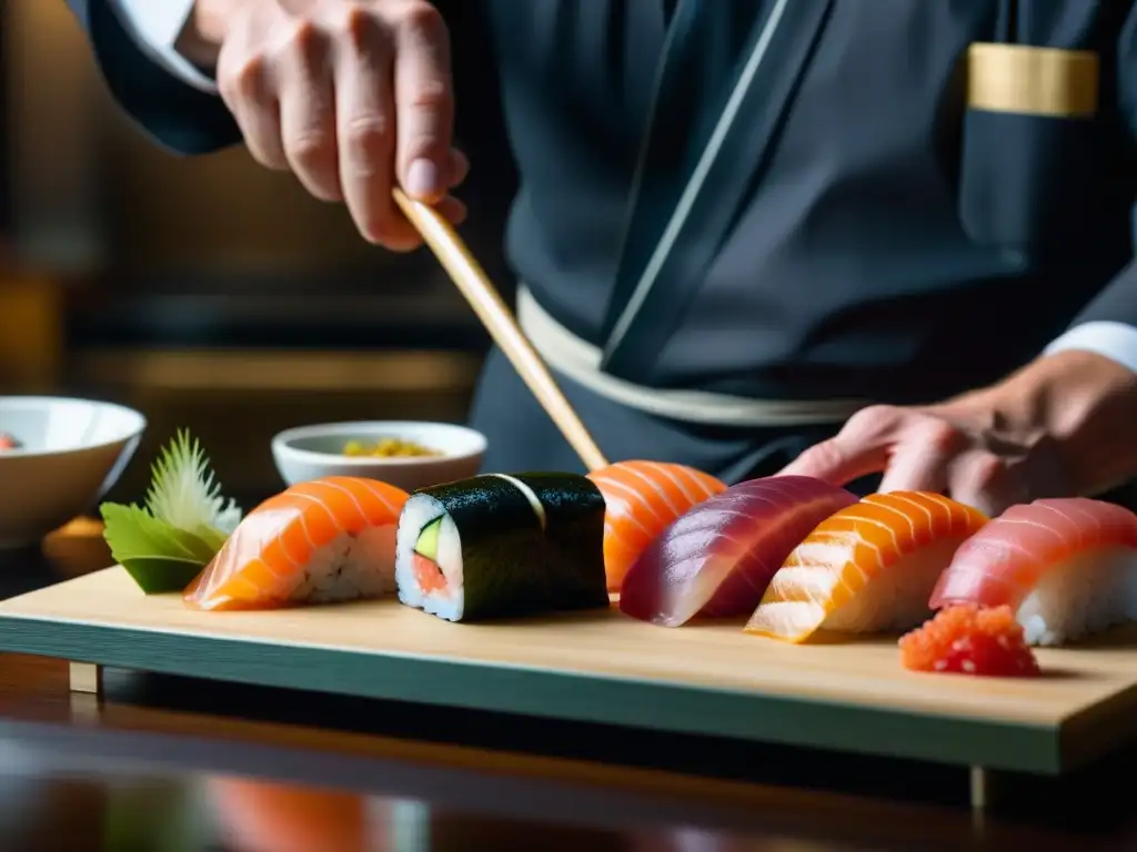 Un maestro sushi japonés elaborando meticulosamente nigiri, sashimi y makis en un bullicioso bar