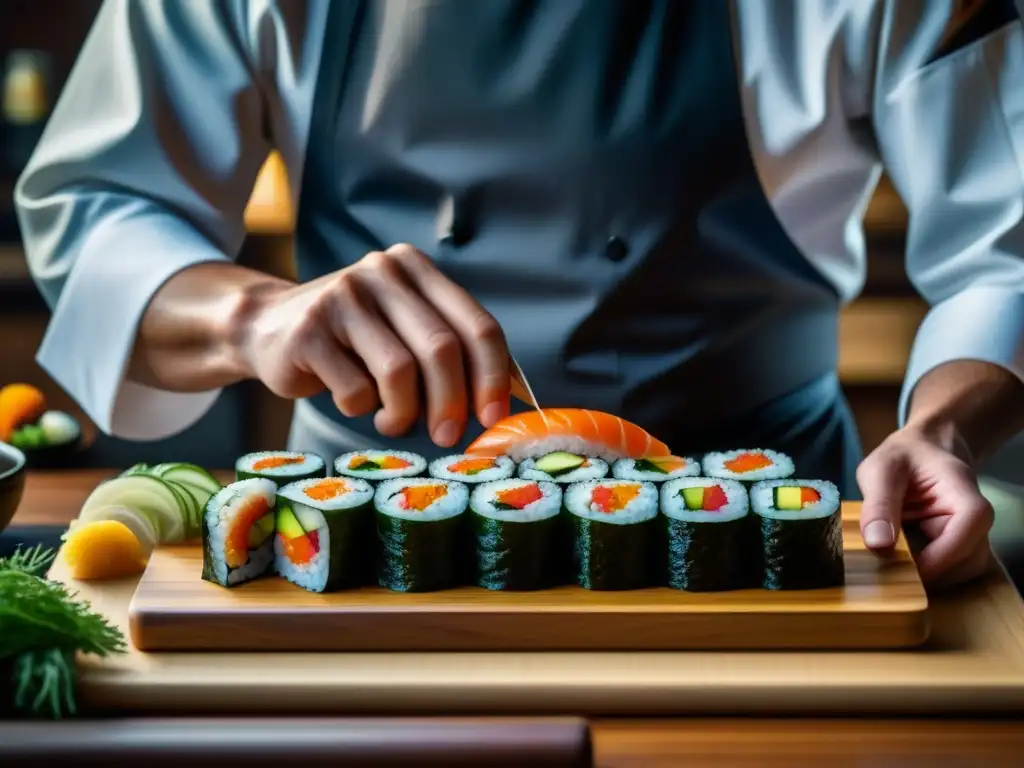 Un maestro sushi japonés crea con precisión rolls rodeado de ingredientes frescos