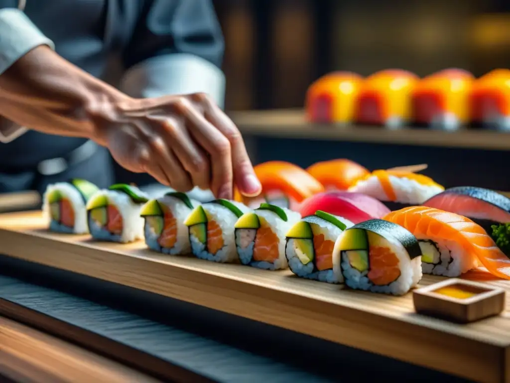 Un maestro del sushi prepara con precisión rolls coloridos en un restaurante japonés, destacando las estrategias de Sushi Go