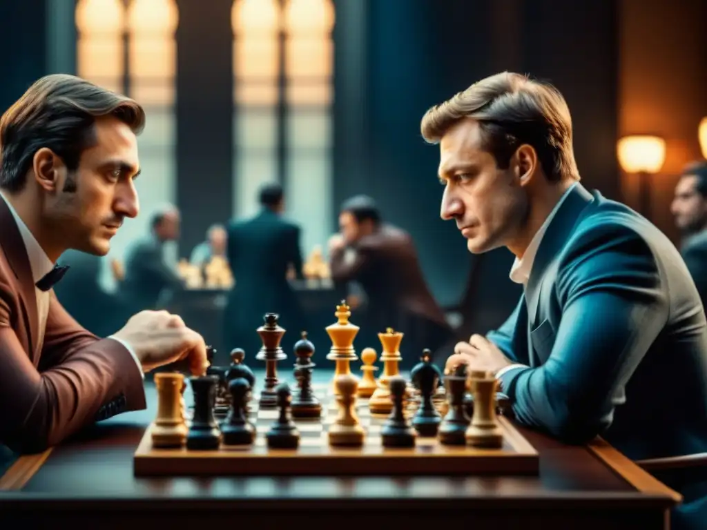 Final del Campeonato Mundial de Ajedrez: Duelo de Genios en Alta Resolución Dos maestros del ajedrez en la final de la Copa Mundial, concentrados en una batalla de estrategia