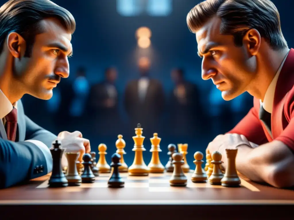 Dos maestros de ajedrez en un torneo de alto nivel, con tensión y estrategias juego de mesa Chess palpables