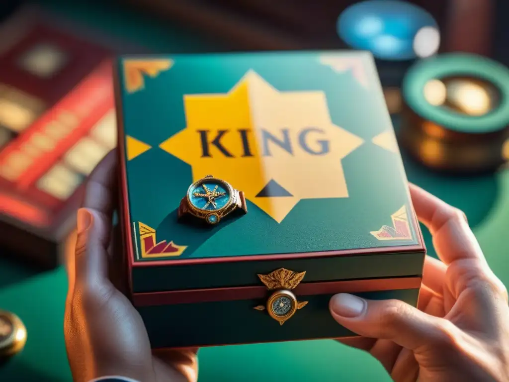Mano de coleccionista con juego exclusivo, lujo y pasión Mano coleccionista sostiene caja edición exclusiva de juego de mesa agotada, lujo y pasión por coleccionar