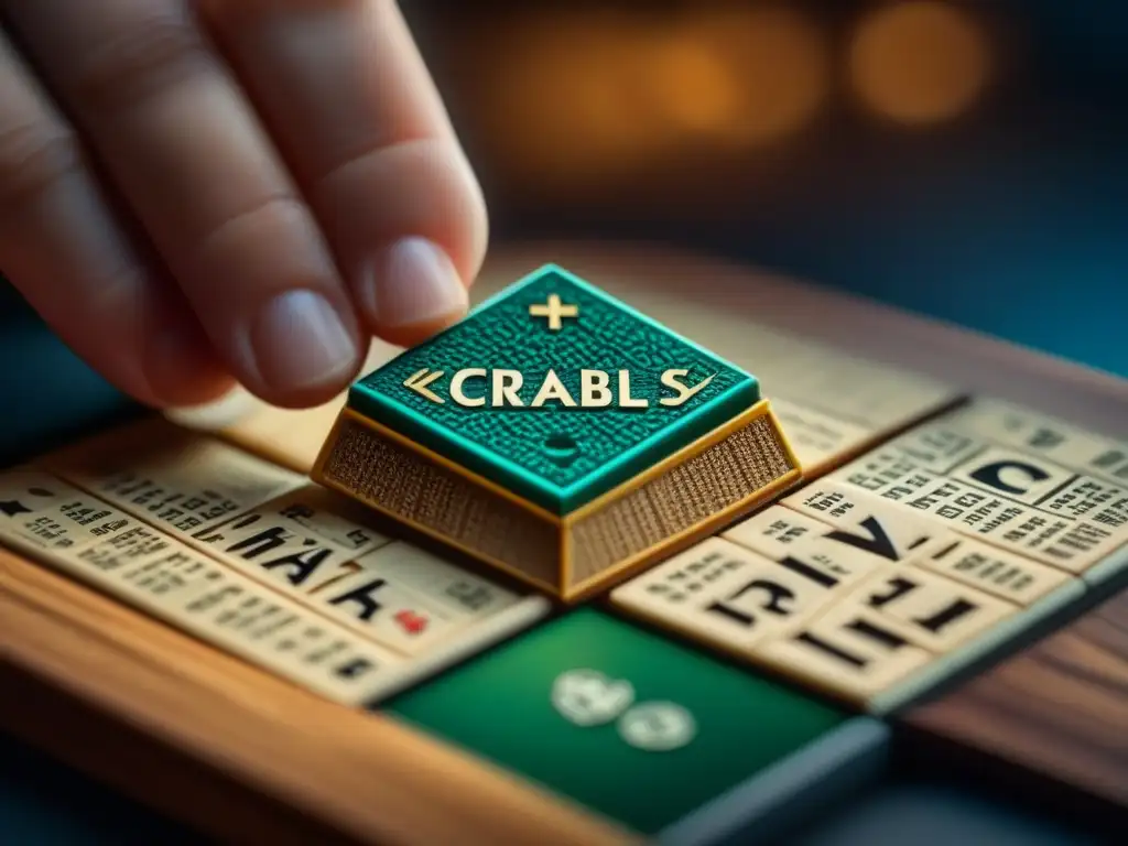 Detalles vintage: pasión por coleccionar Scrabble tiles Una mano de coleccionista sostiene con delicadeza una ficha vintage de Scrabble, resaltando la belleza y valor de los objetos ordinarios