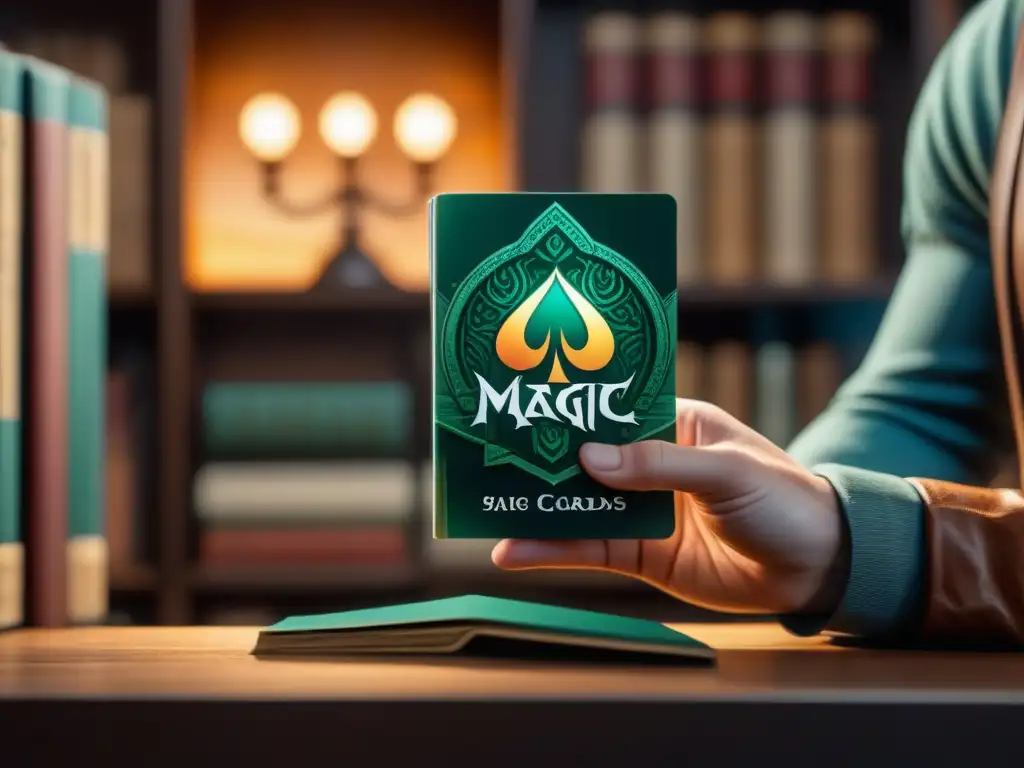 Una mano sostiene con cuidado un mazo de cartas desgastadas de Magic: The Gathering, rodeada de libros en una habitación tenue