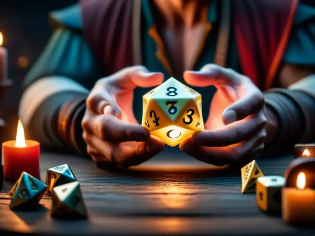 Mano del Dungeon Master sostiene dados poliédricos, iluminada por vela temblorosa