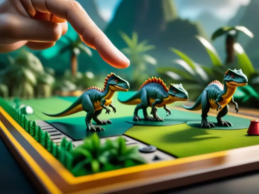 Mano estratégica moviendo piezas de dinosaurios en juego de mesa de Jurassic Park, con intensa concentración y determinación