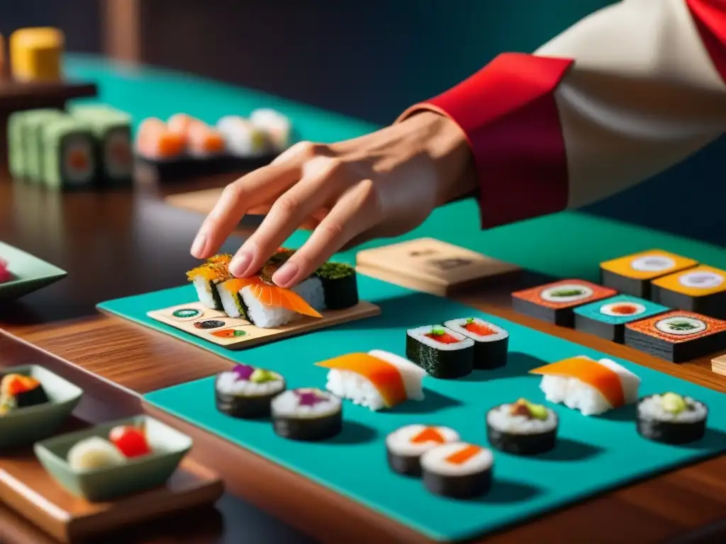 La mano del jugador se detiene sobre cartas de sushi coloridas, reflejando tensión y estrategias en 'Sushi Go'