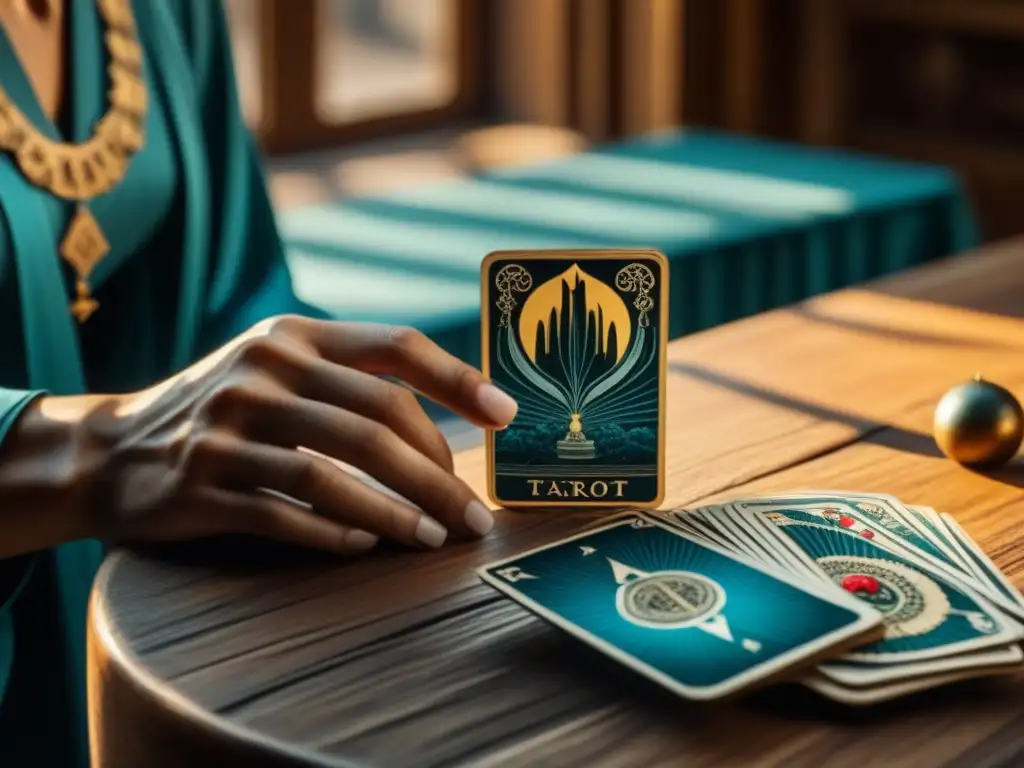 Misterioso lector de tarot con baraja detallada Mano sabia sostiene mazo de cartas de tarot con símbolos antiguos