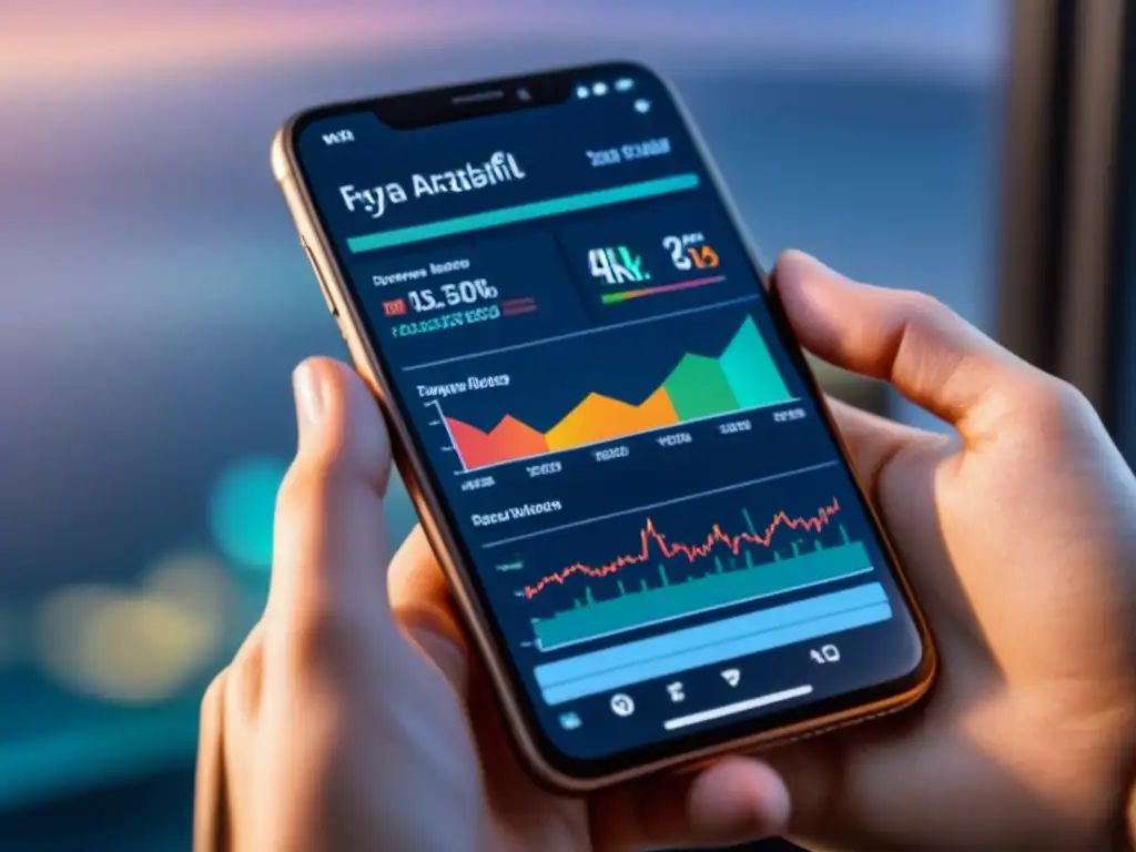 Mano sostiene smartphone con analítica de datos para monetización en pantalla, enfocado y profesional
