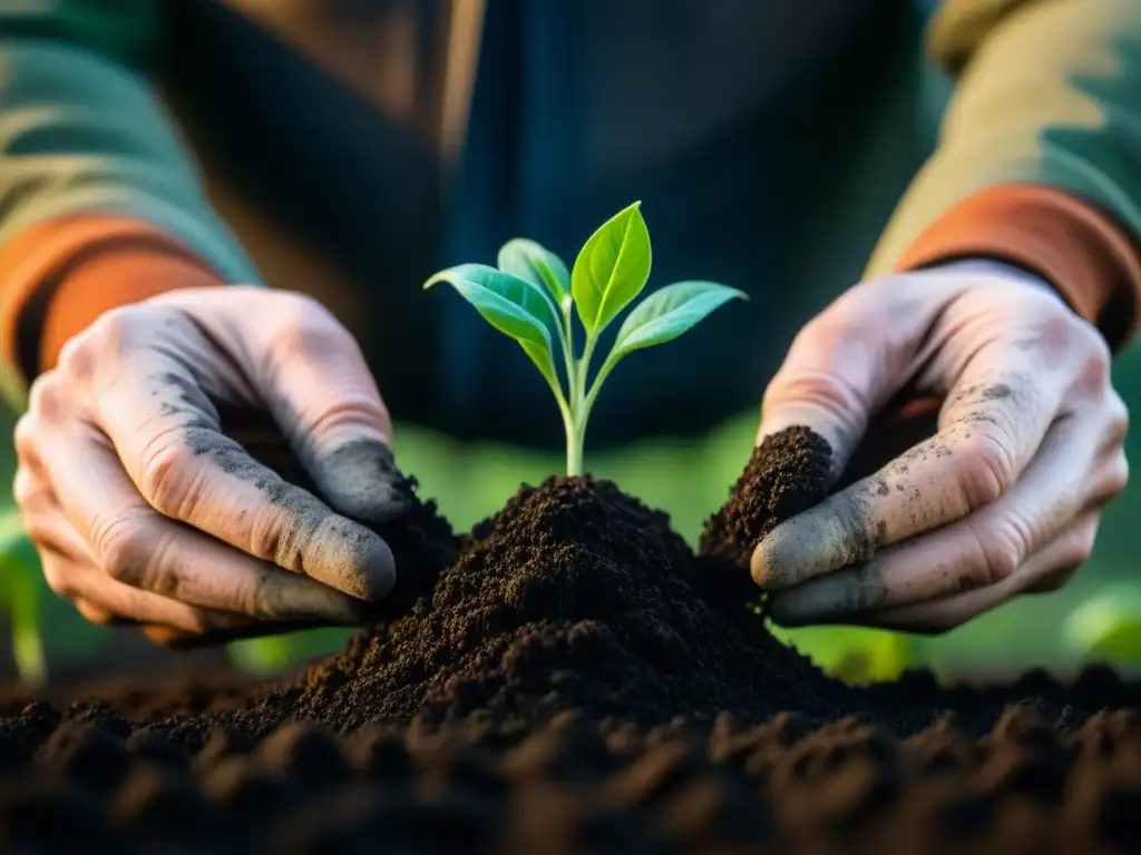 Manos de agricultor plantando tiernamente plántula verde en tierra oscura