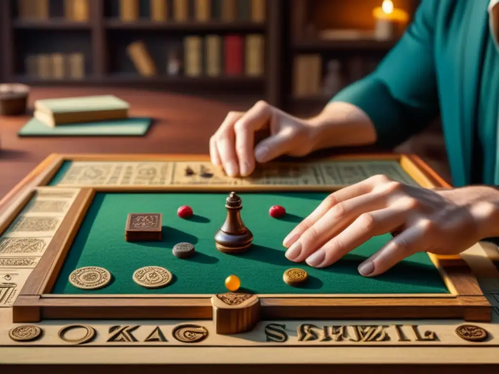 Manos examinando antiguo juego de mesa de piedra en biblioteca histórica