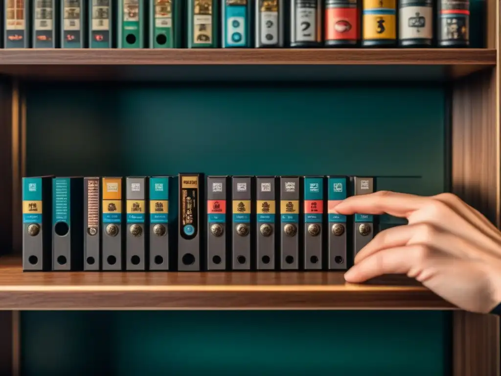 Las manos de un coleccionista organizando cartuchos de videojuegos vintage en estantería de madera, reflejando la pasión y cuidado en su colección
