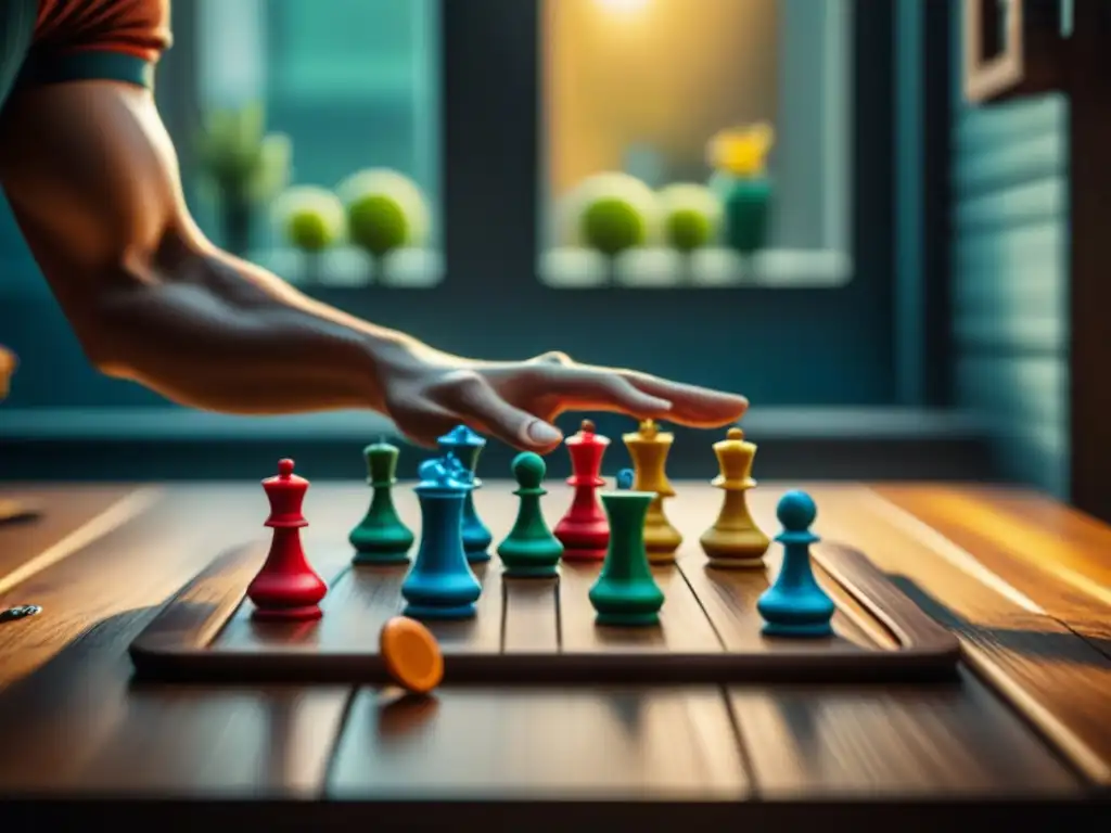 Manos cuidadosas organizando piezas de juegos de mesa coloridos en una mesa de madera, con luz natural