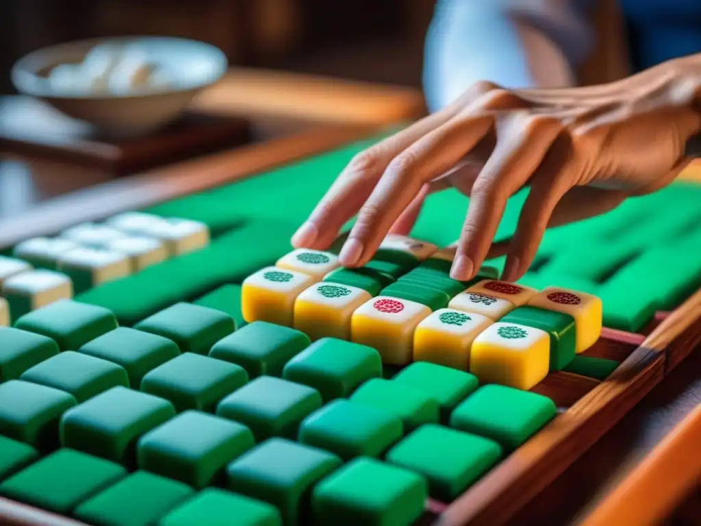 Maestría en Mahjong: manos expertas y azulejos coloridos Manos delicadas colocan fichas de Mahjong en mesa de madera tallada, destacando la historia del Mahjong en cultura