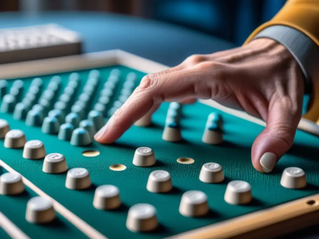 Manos explorando con delicadeza un juego de mesa braille, destacando la experiencia táctil para personas con discapacidad visual