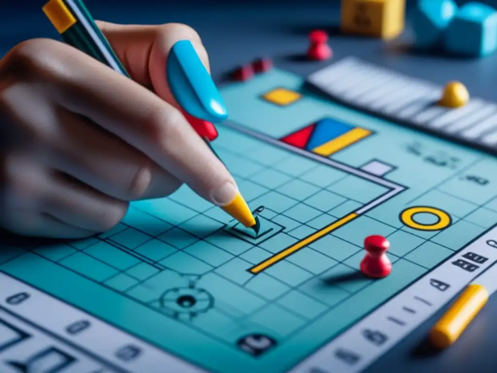 Detalle creativo: diseñador de juegos crea piezas únicas con precisión Manos de diseñador de juegos de mesa en proceso de diseño visual meticuloso con marcadores y piezas de juego
