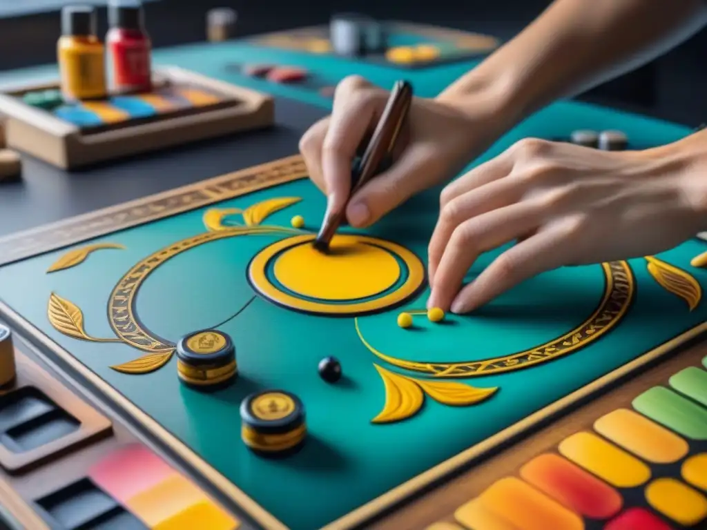 Detallada pintura de diseño en tablero de juego vintage Manos pintando diseños en tablero vintage, transformando juegos en arte