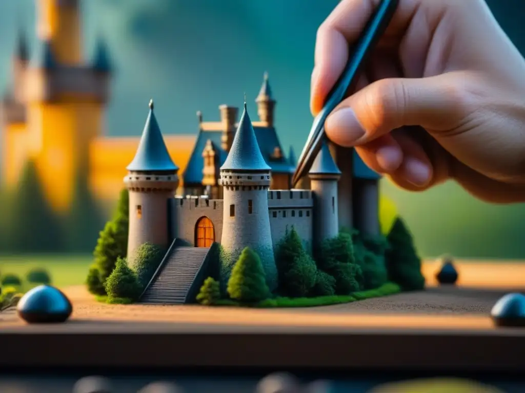 Manos expertas pintando detalles en miniatura de un castillo, resaltando la importancia de las miniaturas en juegos de mesa