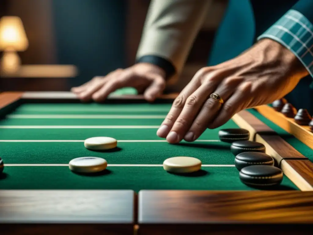 Manos expertas en backgammon moviendo fichas en tablero de madera, reflejando concentración y habilidad