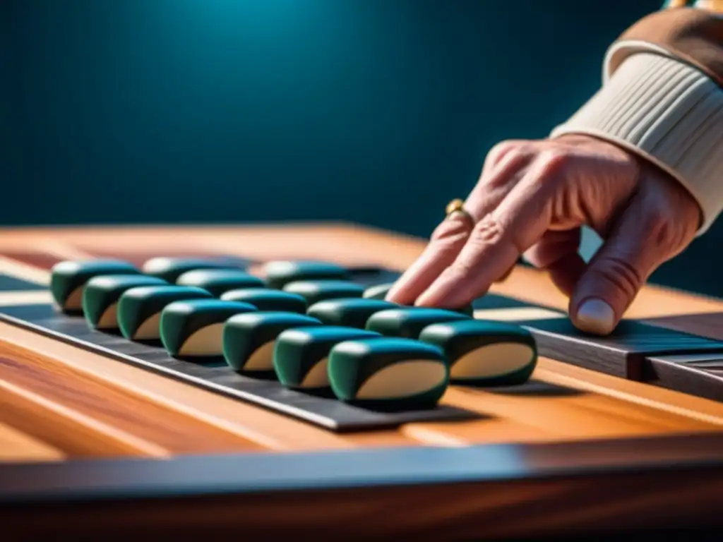 Manos expertas en backgammon moviendo fichas en tablero de madera, concentración y estrategia