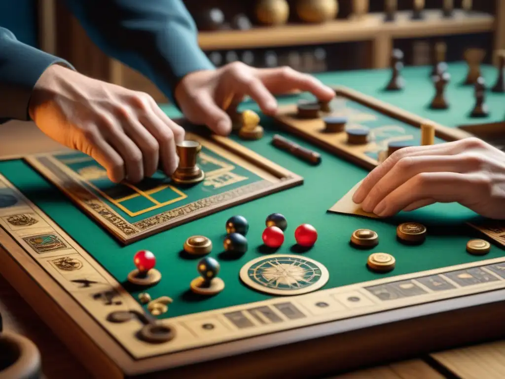 Manos expertas restaurando juegos de mesa antiguos con meticulosidad y cuidado en un taller lleno de tesoros históricos