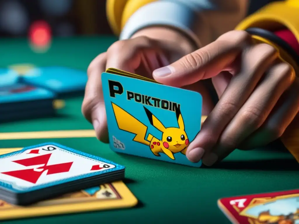 Manos hábiles barajan cartas Pokémon TCG con estrategias ganadoras