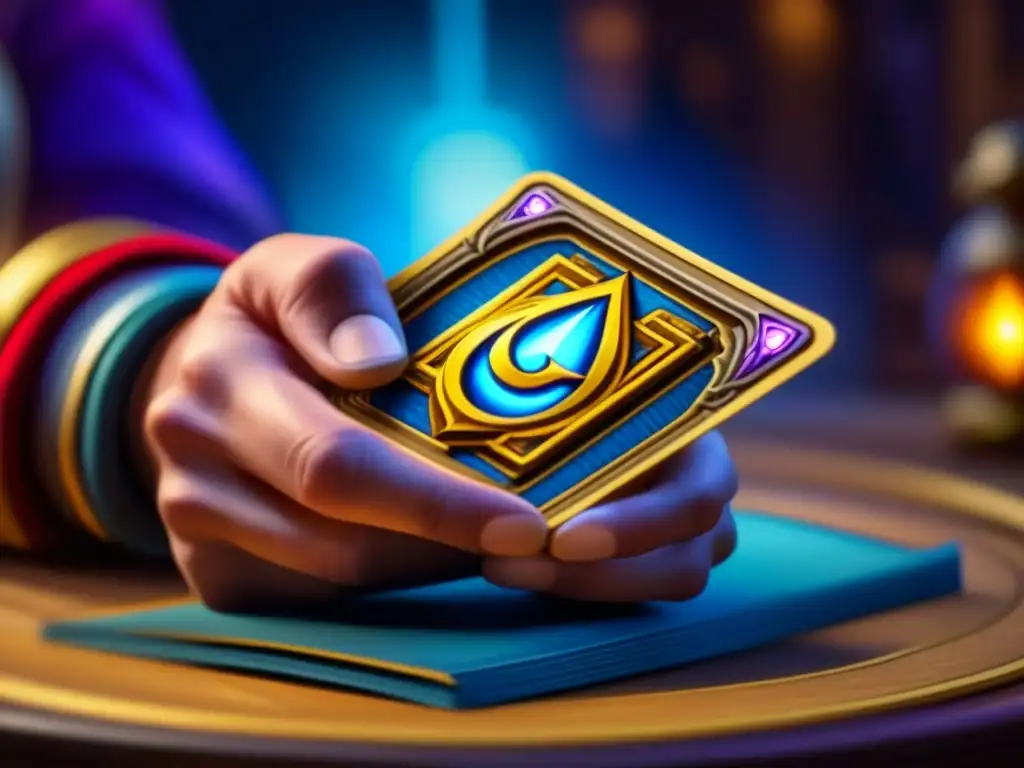 Manos hábiles mezclando cartas de Hearthstone, destacando la intrincada arte