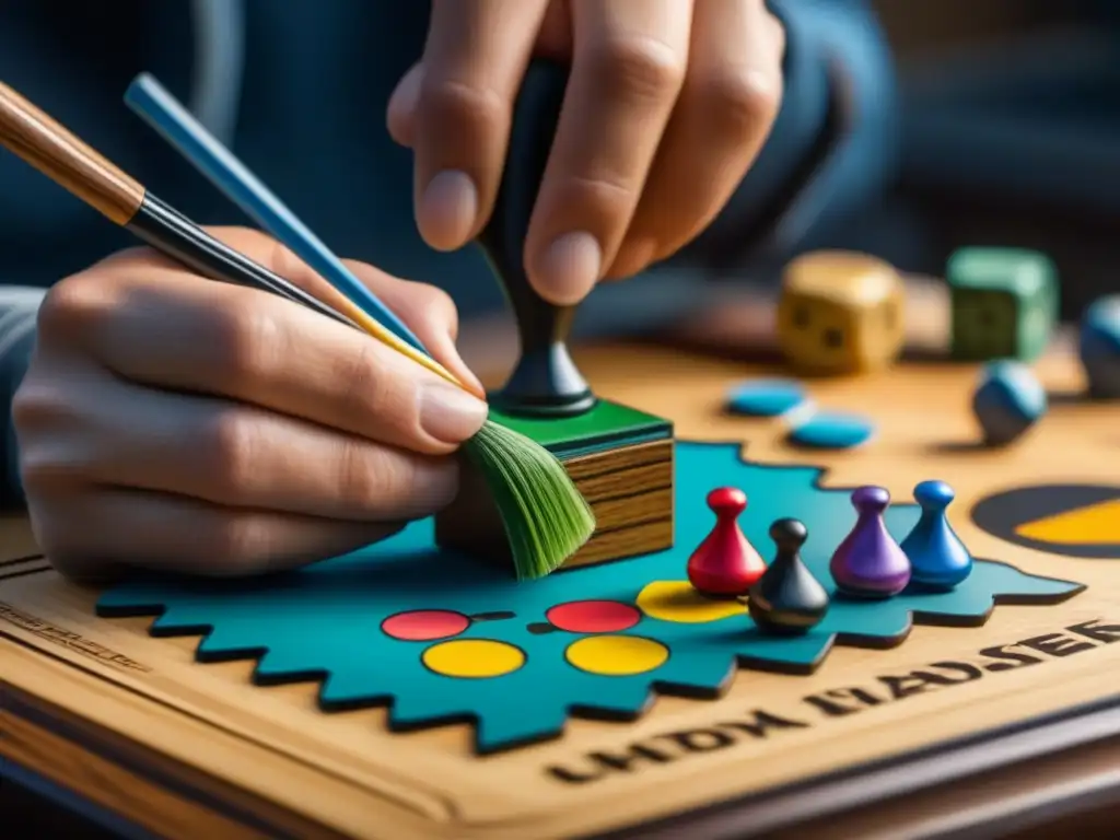 Manos hábiles pintando detalladas piezas de juego de madera, ideal para merchandising único para fanáticos