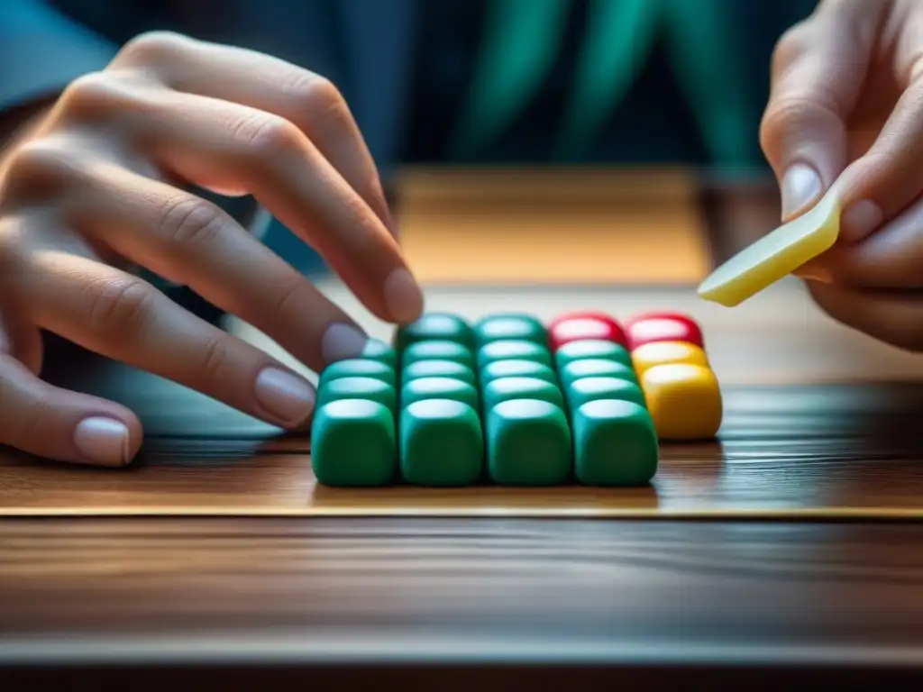 Arte y estrategia: manos expertas en Mahjong Manos hábiles disponen fichas coloridas de Mahjong en mesa de madera