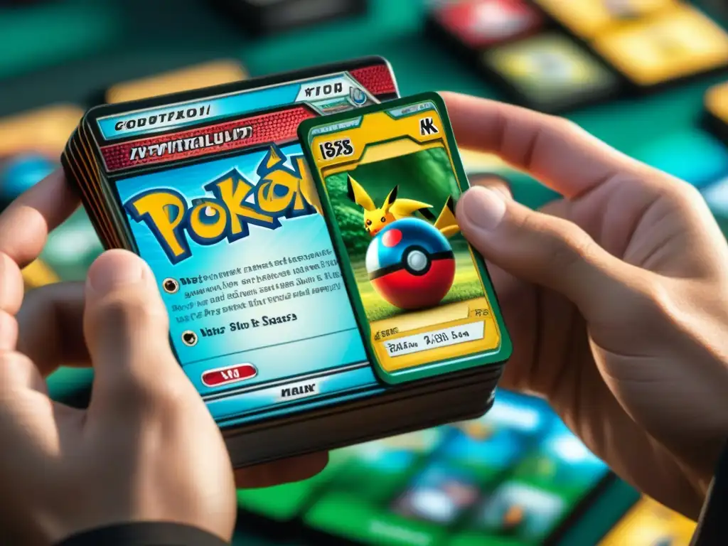 Manos hábiles barajando mazos ganadores Pokémon TCG, concentración en el juego estratégico