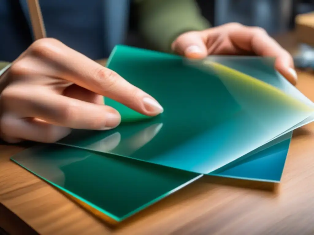 Unas manos hábiles crean protectores de cartas caseros con precisión y dedicación en una mesa bien iluminada