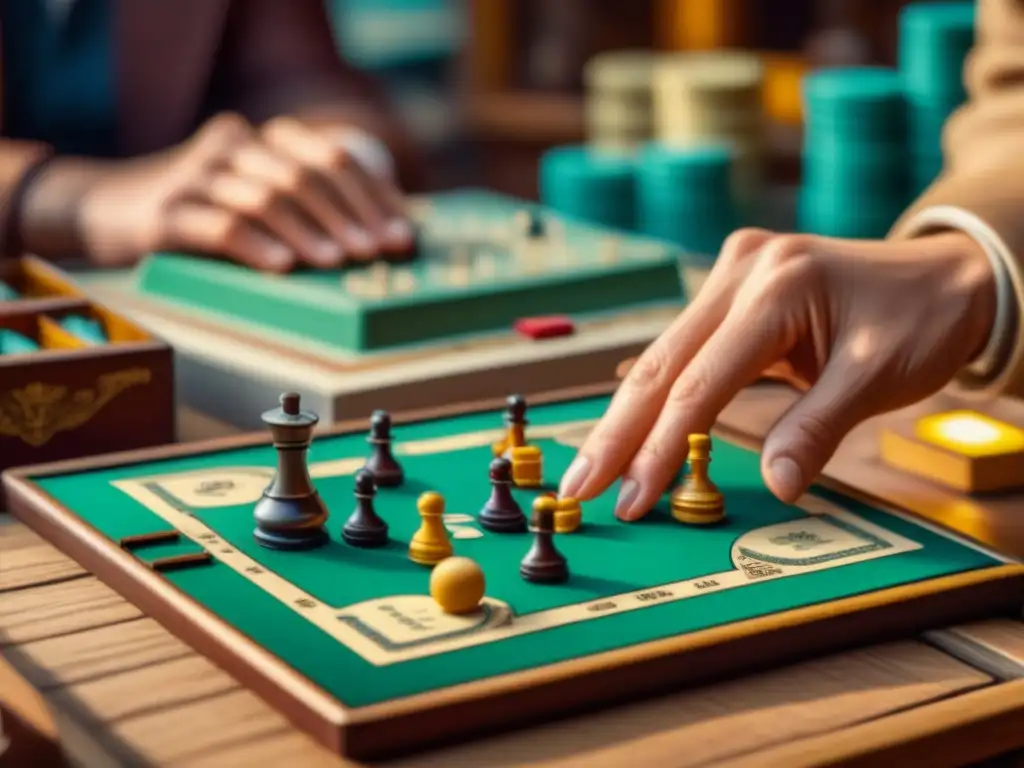 Manos examinando detenidamente un juego de mesa vintage en un mercado de pulgas, buscando juegos de mesa valiosos identificar