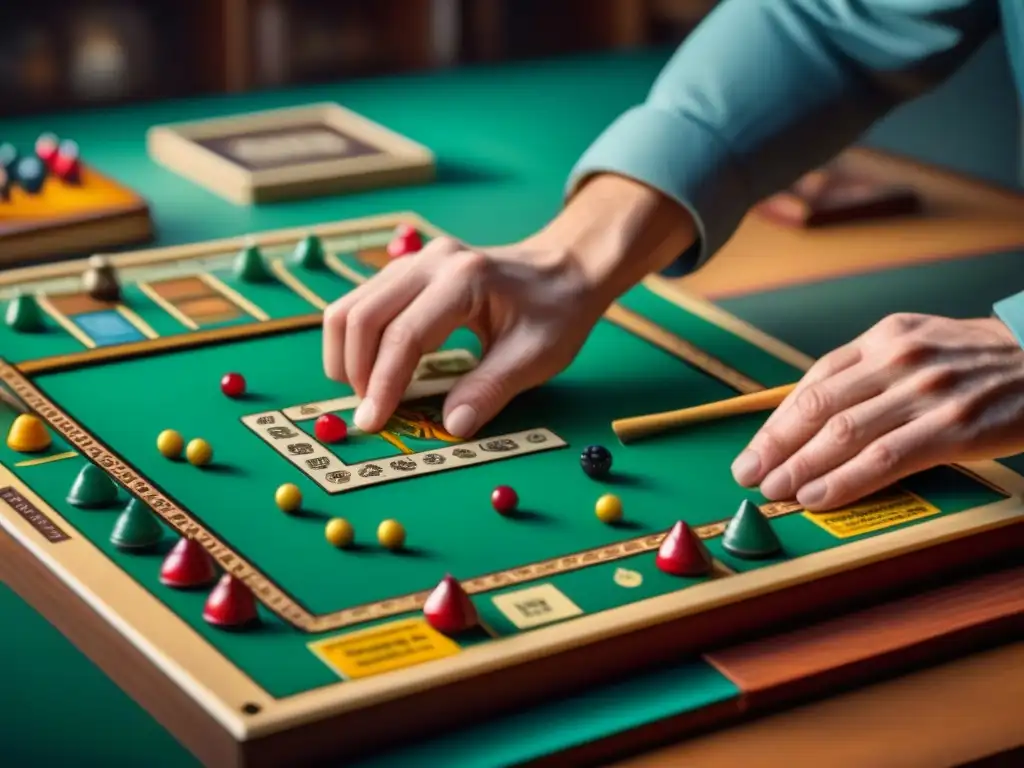 Manos restaurando un juego de mesa vintage con detalle, en un ambiente nostálgico de juegos de mesa descontinuados raros