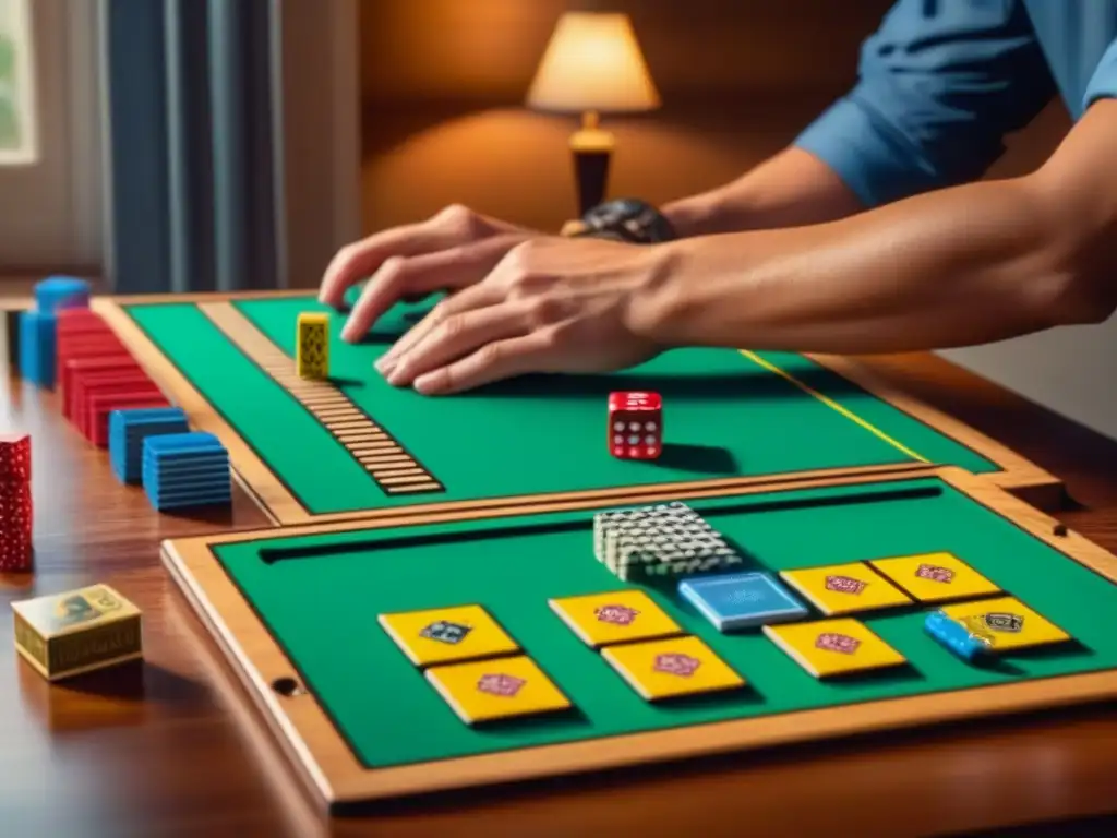 Manos organizando juegos de mesa usados con detalle y color en mesa de madera iluminada naturalmente