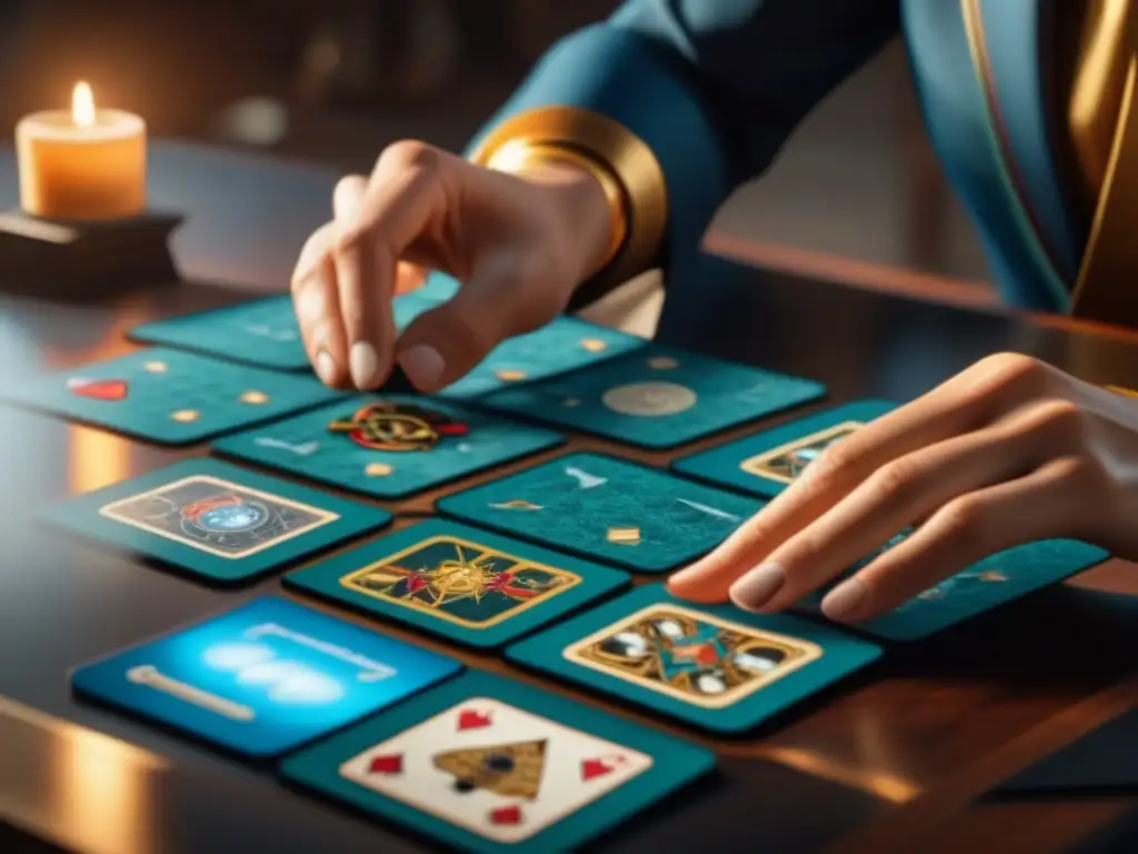 Las manos de un jugador experto preparando cartas de Artifact con precisión