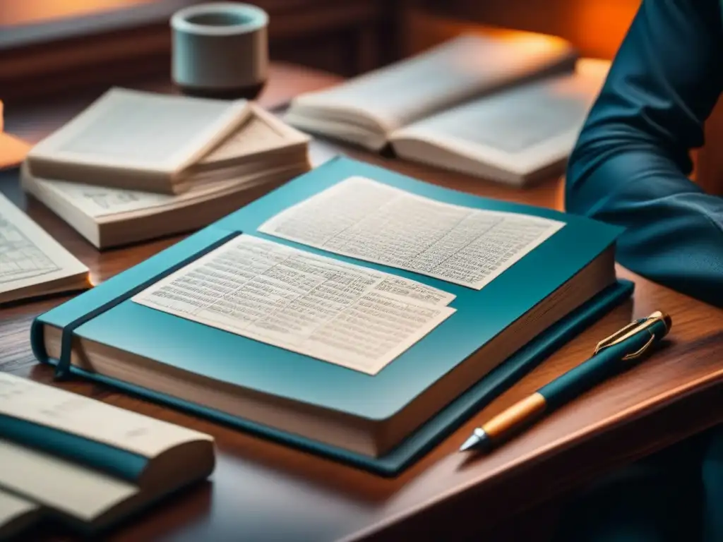 Manos señalando un mapa en mesa de madera rodeada de cuadernos y libros, ambiente de estudio acogedor