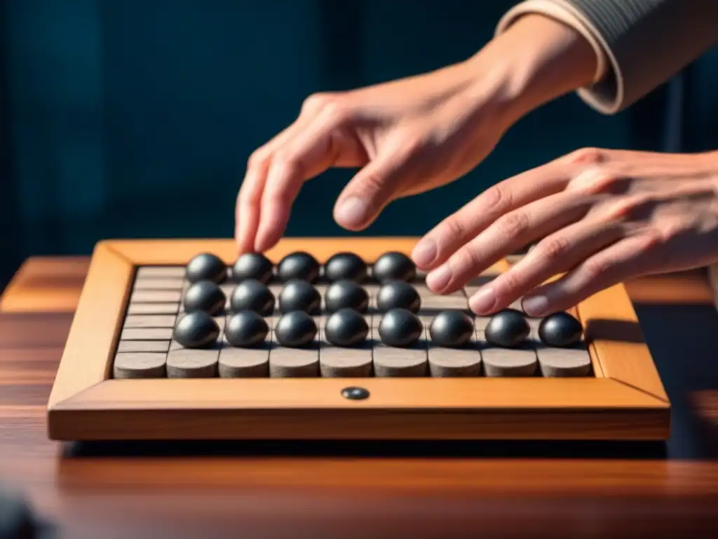 Jugada estratégica: manos colocan piedras de Go en tablero vintage Manos colocando piedras de Go en tablero antiguo de madera, reflejando la historia y estrategia del juego milenario Go