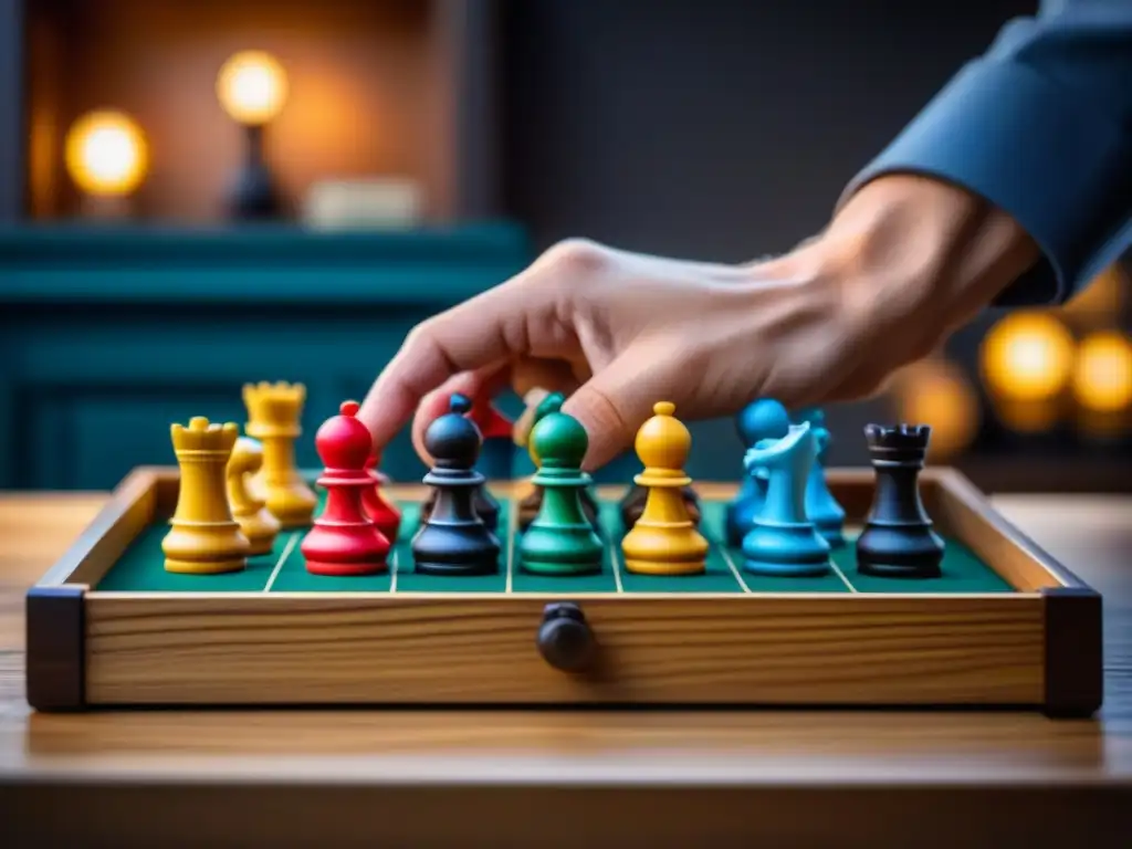 Manos organizando piezas de juegos de mesa en caja de madera