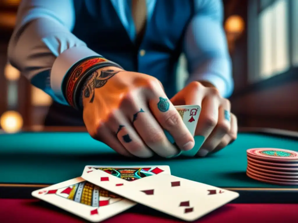 Manos tatuadas barajando cartas con concentración en un torneo mundial de juegos de mesa