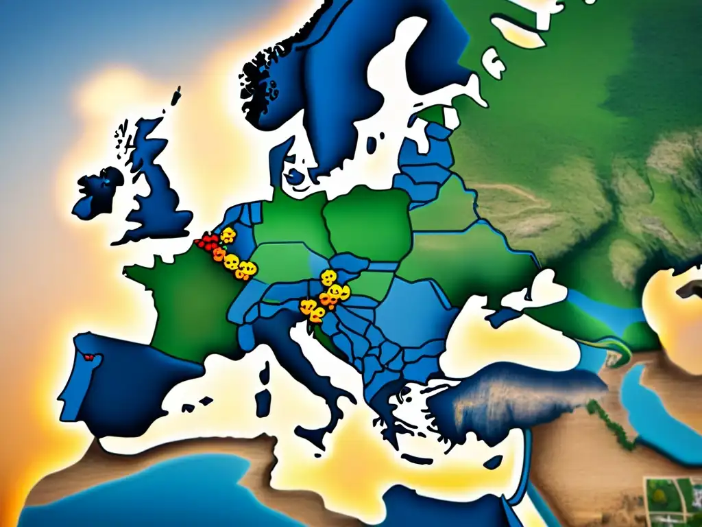 Mapa detallado de la historia Eurogames explora origen internacional con rutas y ubicaciones clave de juegos populares en Europa