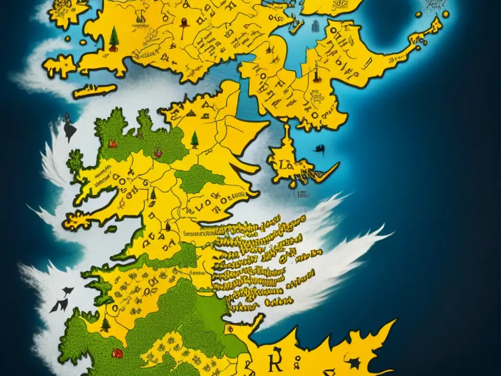 Mapa detallado de los Siete Reinos de Westeros de Juego de Tronos, destacando ubicaciones clave como Desembarco del Rey y Invernalia