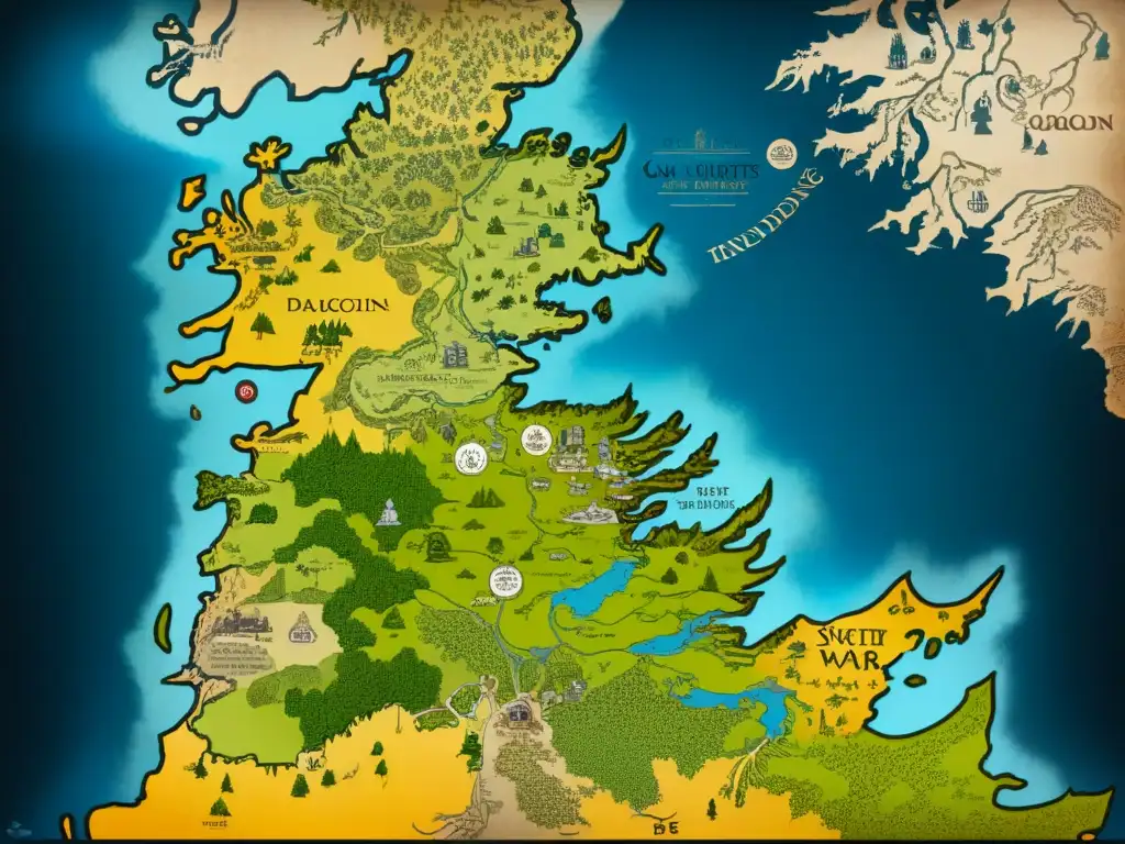 Mapa detallado de los Siete Reinos en Westeros con sigilos, ubicaciones clave y estrategias militares