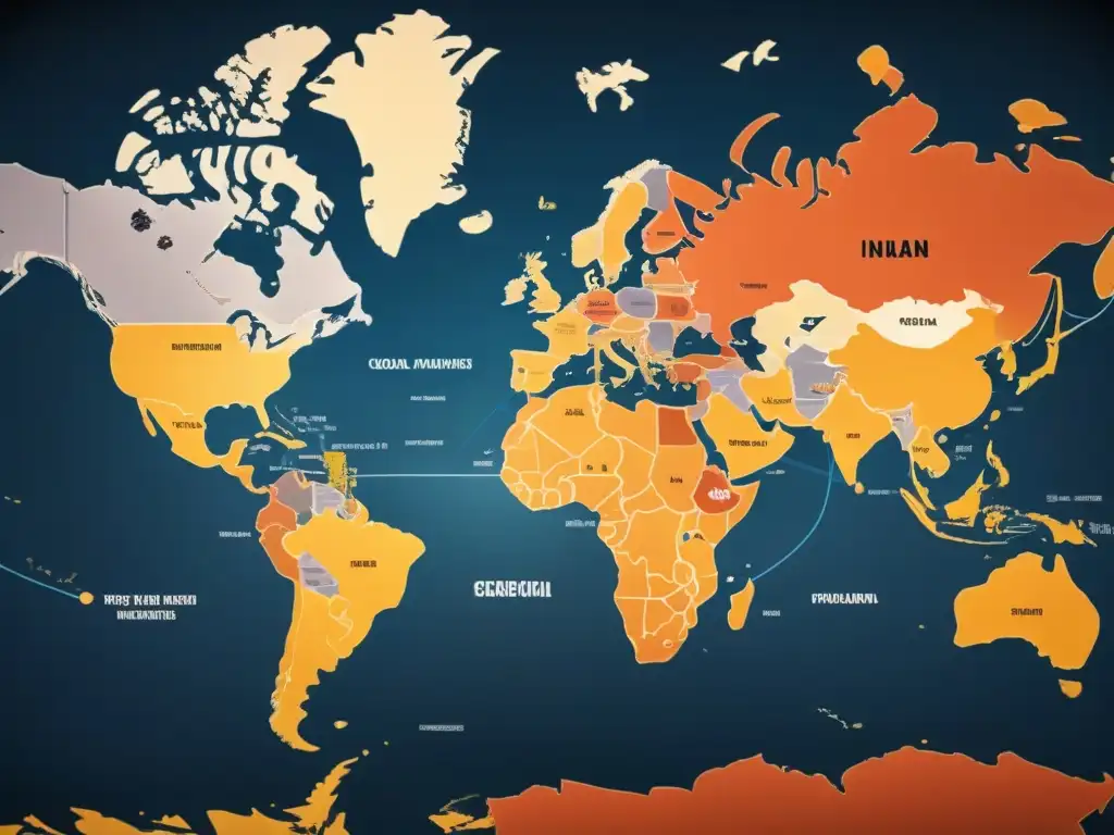 Un mapa del mundo detallado con fronteras políticas, sitios históricos y alianzas, conflictos y luchas de poder entrelazados