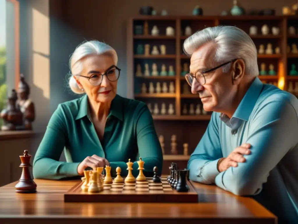 Matrimonio de ancianos concentrados en una partida de ajedrez, rodeados de juegos de mesa ordenados en estanterías